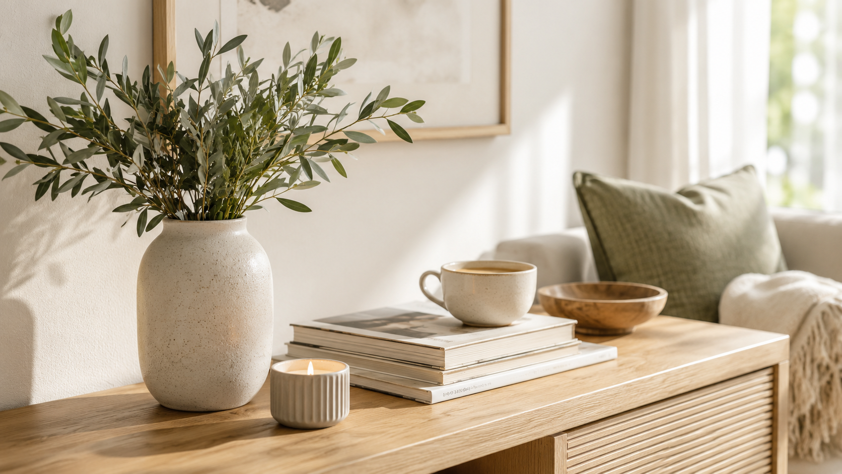 Styled home decor vignette with vase, books, candle, and coffee cup